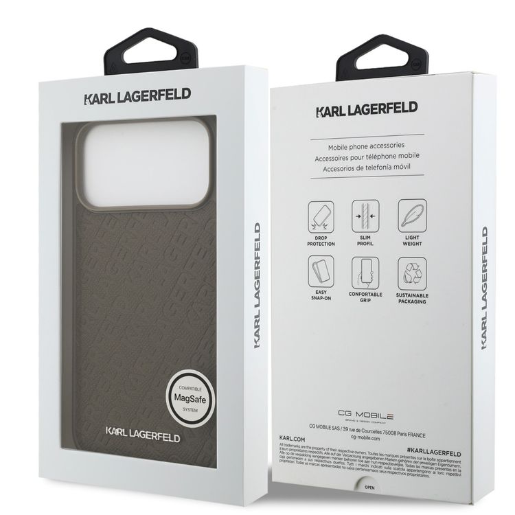 حافظة Karl Lagerfeld MagSafe كاملة الغلاف من الجلد الصناعي مع نسيج Karl لجهاز iPhone 17 Pro Max، تصميم نحيف، حماية من السقوط، سهلة التركيب، تغليف مستدام، مريحة القبضة، تصميم خفيف الوزن - بني