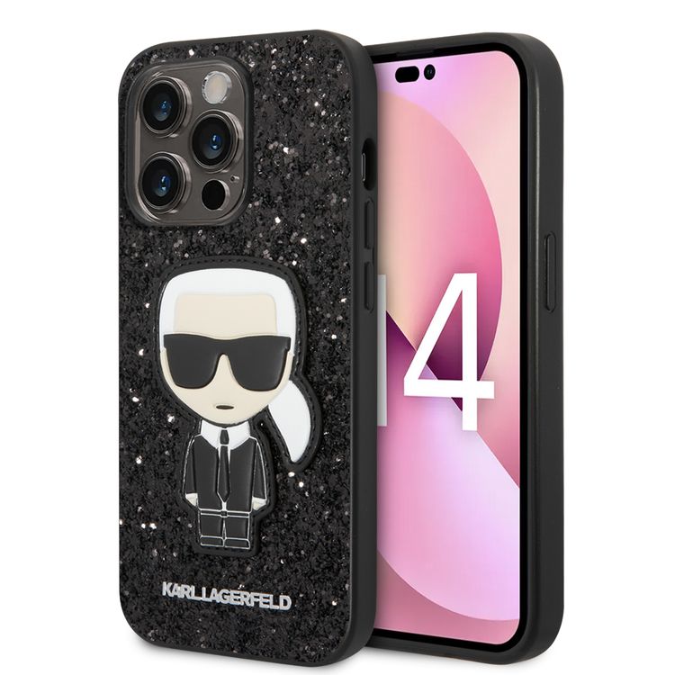 Karl Lagerfeld Glitter Flakes Case with Ikonik Patch Shockproof iPhone 14 Pro Compatibility - Black