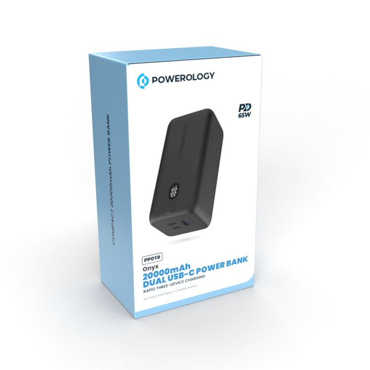 Powerology 20000mAh 65W Onyx Power Bank, Overcharging Protection, USB-A & x2 USB-C Output, LED Display, Fast Charging, Compatible With Laptop  - Black