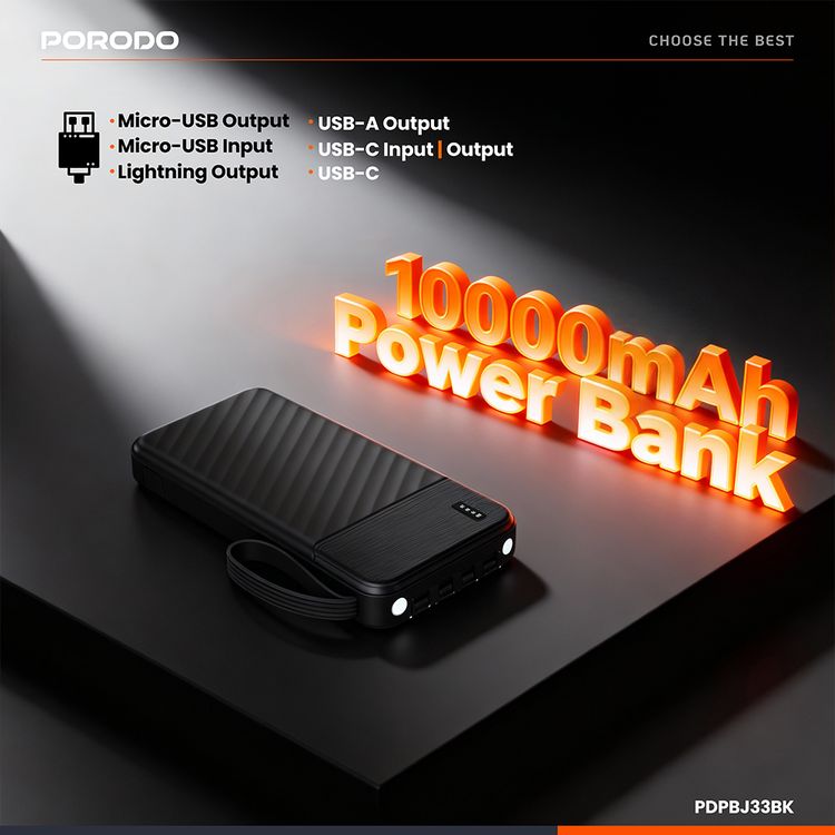 Porodo Piano 10000mAh Power Bank with Flashlight, Portable Handle, Phone Stand, 4 Integrated Cables, USB-A & USB-C & Micro Ports, Fast Charge Support, Universal Compatibility - Black