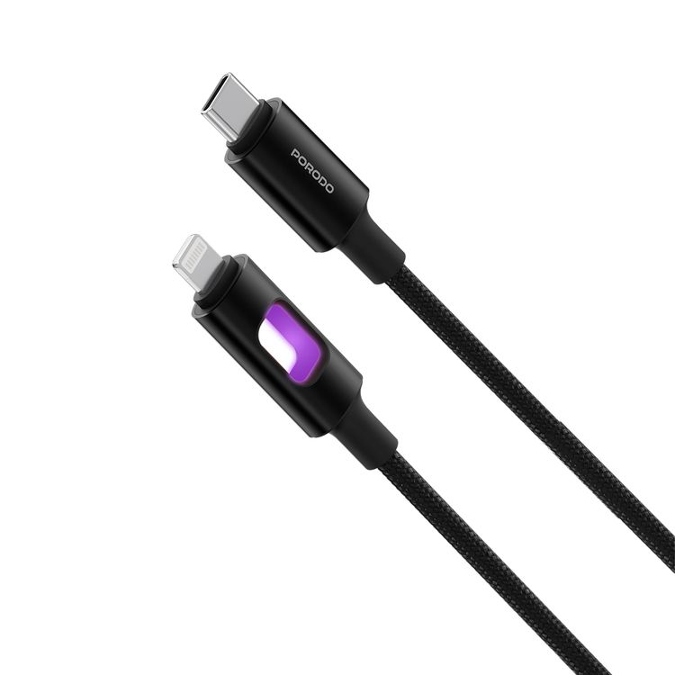 كابل بورودو LED مجدول من نوع USB-C إلى Lightning مع توصيل طاقة بقوة 27 واط، طول الكابل 1.2 متر، تصميم خالي من التشابك، نقل بيانات عالي السرعة، سرعة شحن سريعة، متانة فائقة - باللون الأسود.