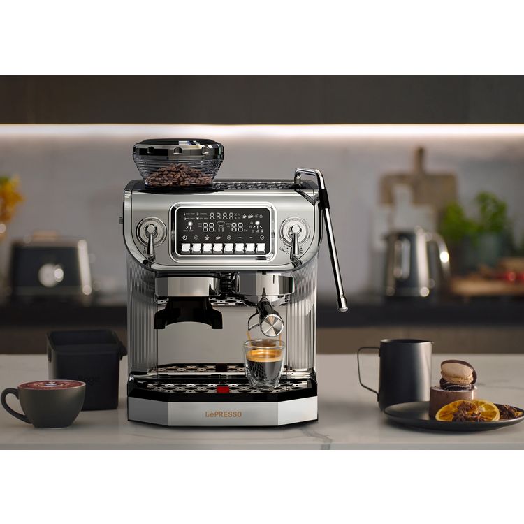 LePresso Dual Boiler Espresso Machine with Grinder & Steamer, 2672W Heating Power, 2L Water Tank Capacity, 150W Grinder Power, Digital Display, Hot Water Dispenser, 58mm Filter Size - Silver