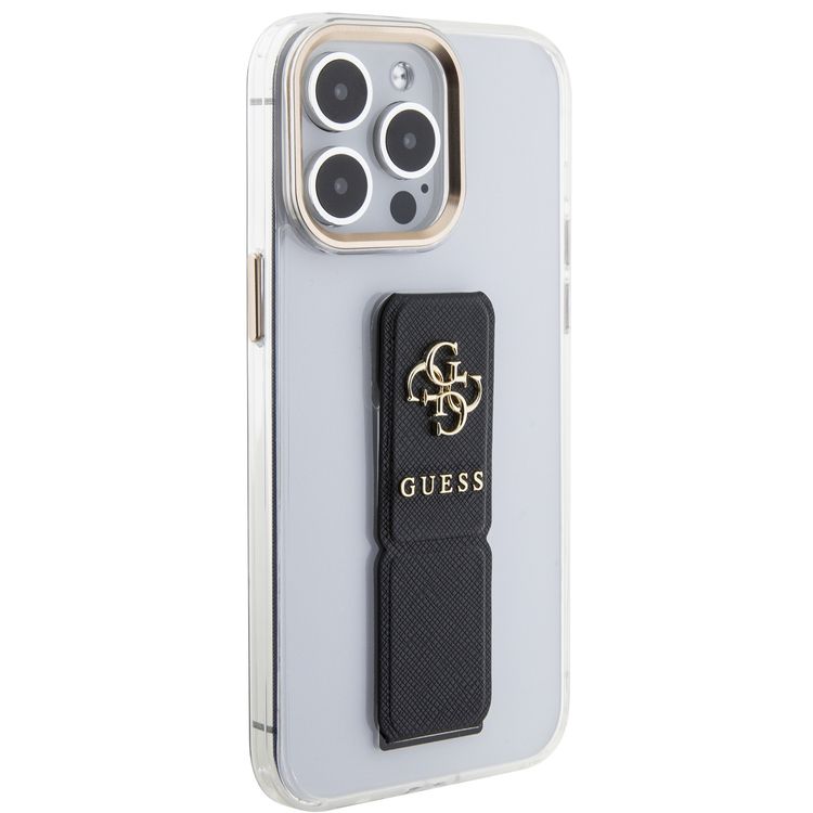Guess Gripstand Clear Case with Saffiano Grip Leather & 4G Logo for iPhone 15 Pro Max -Black - أسود