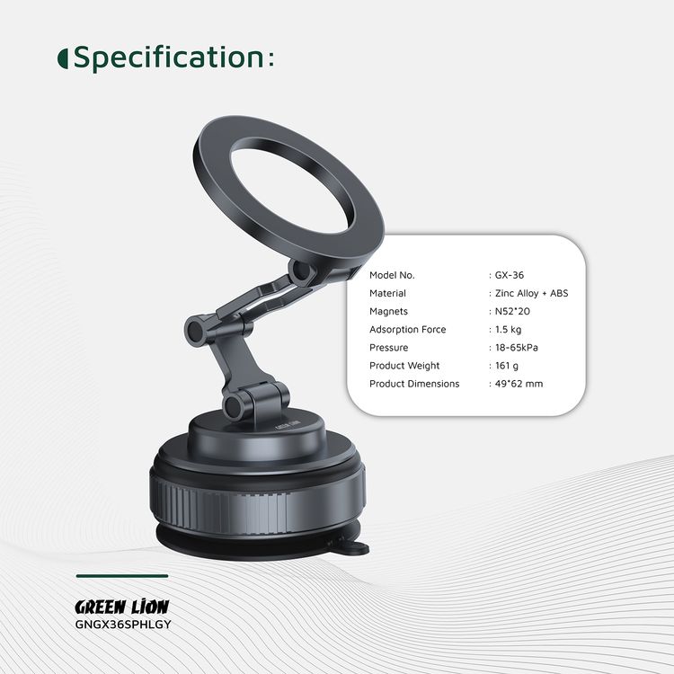 Green Lion GX-36 Suction Phone Holder with Strong Suction Cup, Manual Rotary Base, Foldable Design, 3-AXIS Adjustment, 360° Rotation,  20 × N52 Magnets, 1.5kg Adsorption Force - Gray
