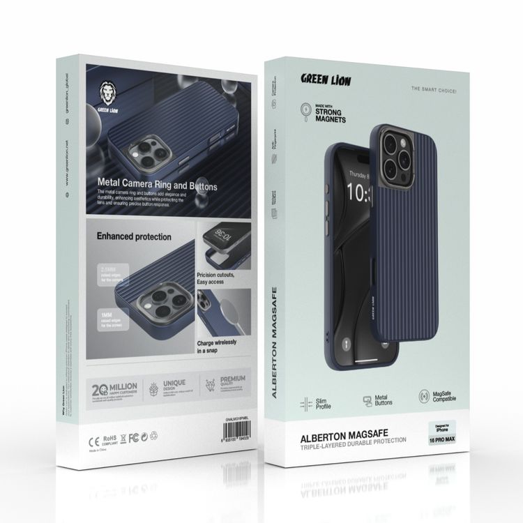 جراب Green Lion Alberton MagSafe لهاتف iPhone 16 Pro Max، حماية للكاميرا، فتحات دقيقة، مضاد لبصمات الأصابع - أزرق