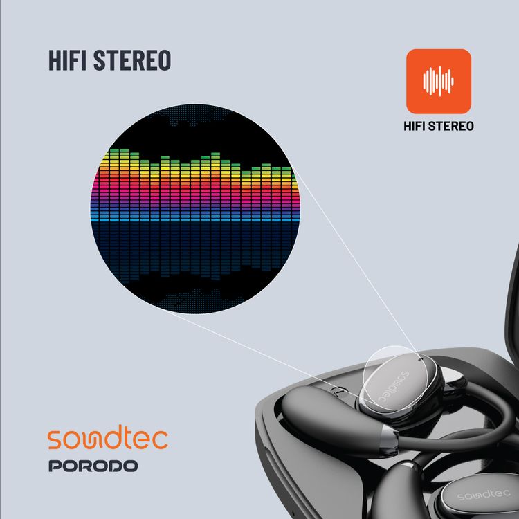 Porodo Soundtec Aero Tune Earbuds with  Touch Controls, HiFi Stereo, Crisp Microphone, Rich Bass, Up to 10m Transmission Range, Compact and Lightweight Design - Black