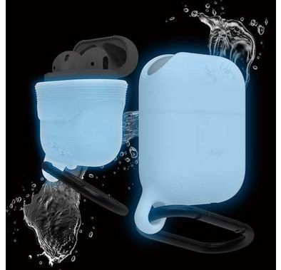 Elago Airpods Waterproof Hang Case, High Quality Silicone, Waterproof Case up to 1meter(3.3ft), Functional Design, Dustproof, Aluminum Carabiner, Impact Protection- Nightglow Blue