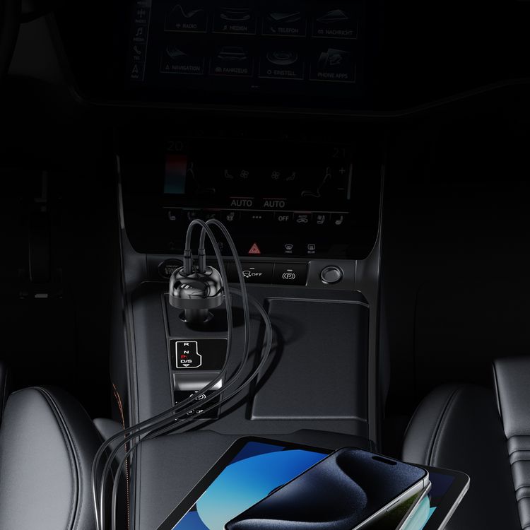 Porodo Dual Port Car Charger with 80cm Retractable Type-C Cable, Simultaneous Charging, Universal Compatibility, 47W Total Output Power - Black