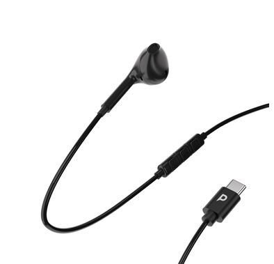 Powerology Mono USB-C Earphones with 1.2m Cable Length, Active in-Line Control Buttons, HD Sound, 40dB Sensitivity, All Type-C Devices Compatibility - Black