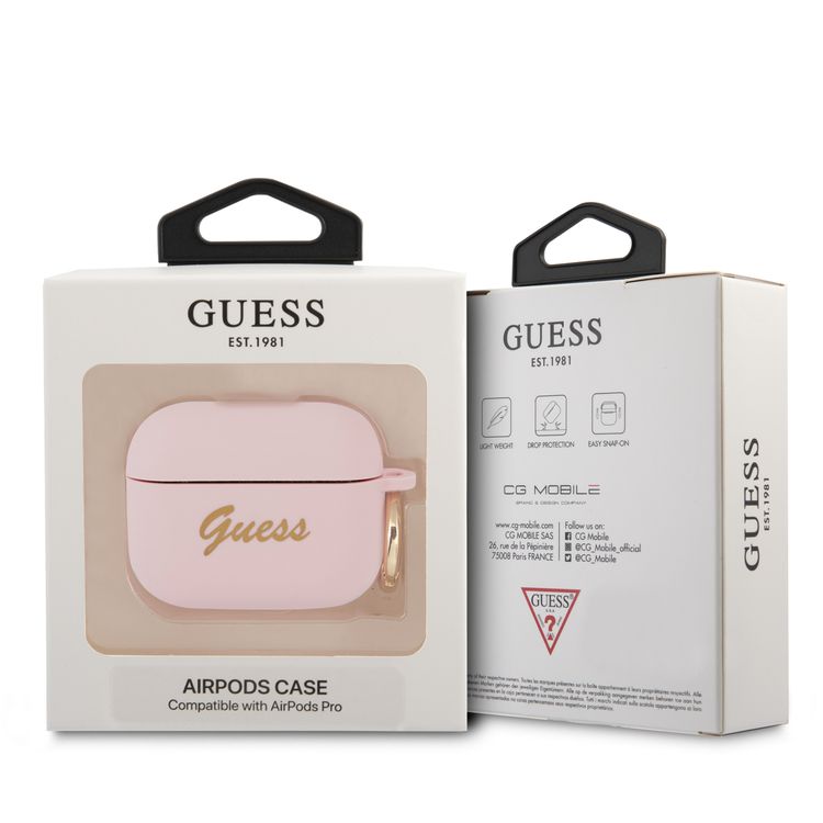 CG MOBILE Guess Silicone Printed Script Case with Ring Compatible for AirPods Pro, Scratch & Drop Resistant, Dustproof & Absorbing Protective Silicone Cover - Pink