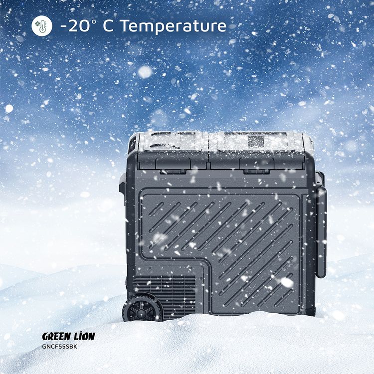 Green Lion GFC-55 Car Fridge with 55L Capacity, Pull Bar & Wheels, Touch Control Display & Interior Lights, Dual Power Supply, Child Safety Lock, Two Shelves, Quiet Operation - Black