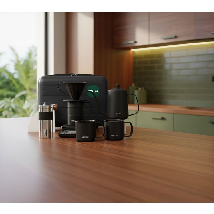 Green Lion V-60 Pro Coffee Maker Set with Gooseneck Kettle, 100 Paper Filters, Precision Scale, Pour-Over Dripper, Adjustable Grinder, 2 Stainless Steel Cups, Travel Case Included - Black