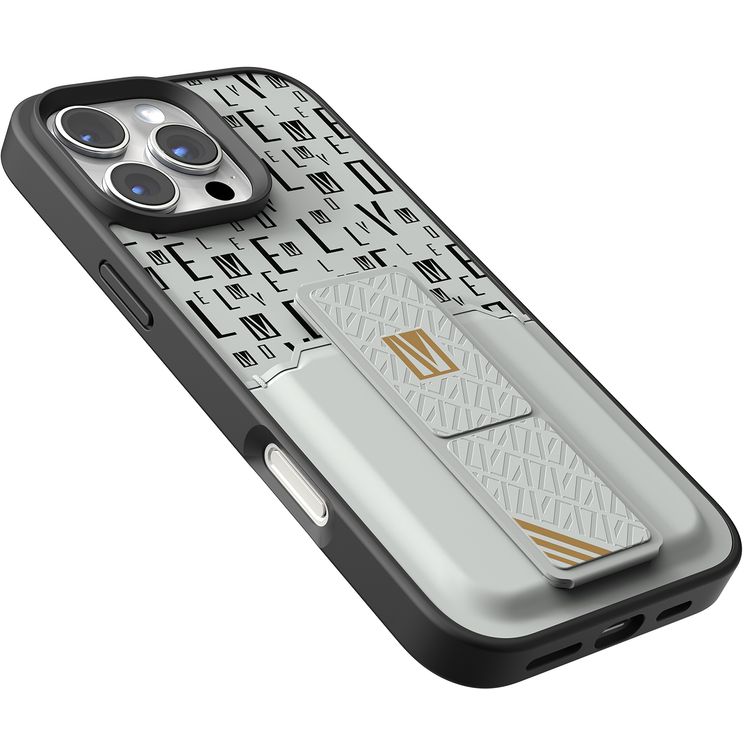 حافظة Levelo Morphix Gripstand مع حامل بطاقات لهاتف iPhone 16 Pro Max، حامل بطاقات مدمج، زوايا مقاومة للصدمات، ملمس نحيف بدون غطاء، حافة كاميرا مرتفعة، مادة فائقة المتانة - رمادي