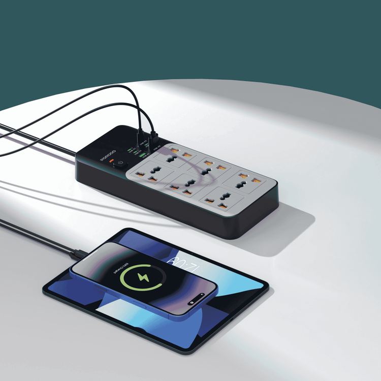 Porodo 3000W Universal Power Strip with 6×AC Sockets, 4×Type-C & 2×USB-A Ports, Safety Power Switch, 24-Hour Timer, Built-in Surge Protection, Fireproof PC Material, UK 3-Pin Plug with 3m Cord Length, Multi-Device Charging - Gray