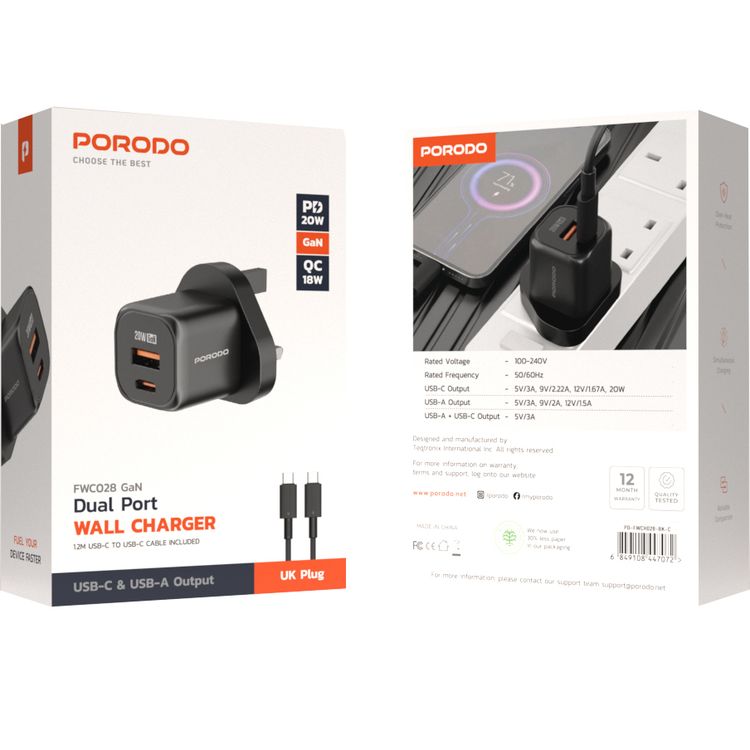 Porodo Dual Port Wall Charger with USB-C to USB-C Cable, Over-Heat Protection, Simultaneous Charging, Reliable Companion - Black