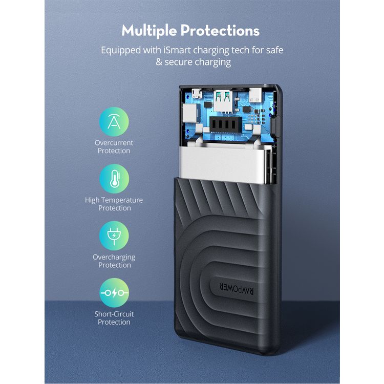 RAVPower 2-Port PD Pioneer Power Bank 10000mAh 18W USB-A QC, USB-C Port POwer Delivery 18W, iSmart Fast Charging Technology, Pocket Size Portable