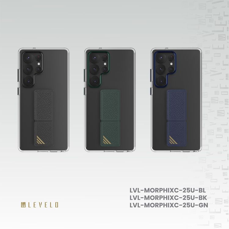 غلاف Levelo Morphix Clara بمقبض جلد مدمج لهاتف Samsung Galaxy S25 Ultra، مصنوع من مادة TPU، زوايا مقاومة للصدمات، حلقة كاميرا معدنية، مادة هجينة - أزرق
