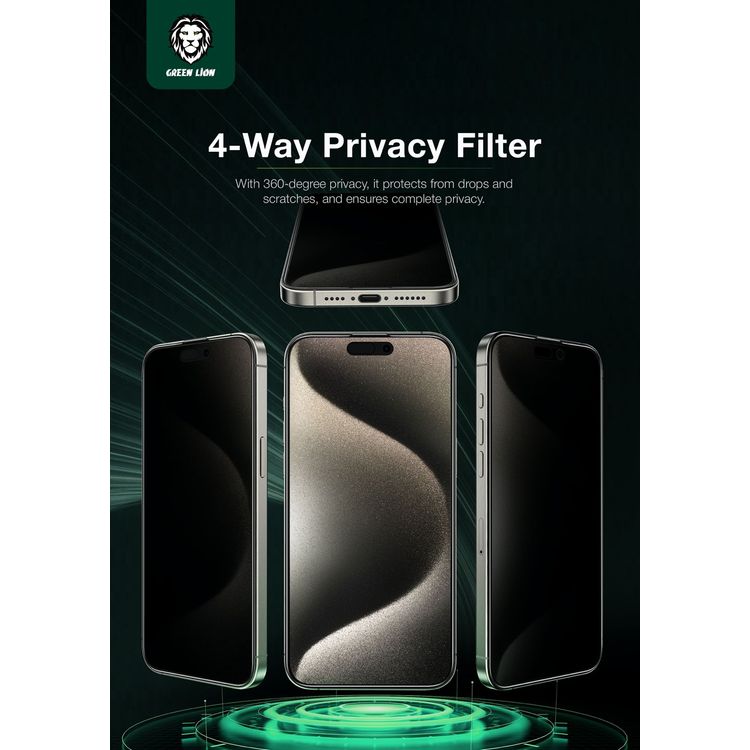 Green Lion ANTHONY 360° Privacy Screen Protector Glass for iPhone 15 Pro Max, 4-Way Anti-Peeping, Grease Resistance, Anti-Fingerprint, Anti-Peeping, Anti-Scratch, Easy Installation, Smudge-Free, Ultra-Thin Screen - Black