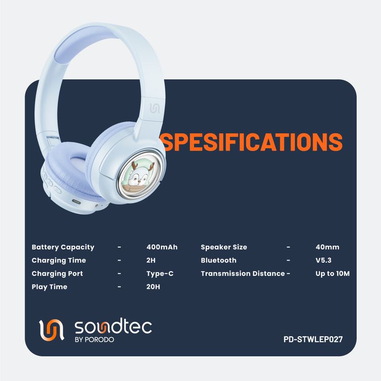 Porodo Soundtec Moose Wireless Kids Headphone, V5.3 Bluetooth, 2H Charging Time, 40mm Speaker Size, 20H Play Time, LED Lights, 400mAh - Blue
