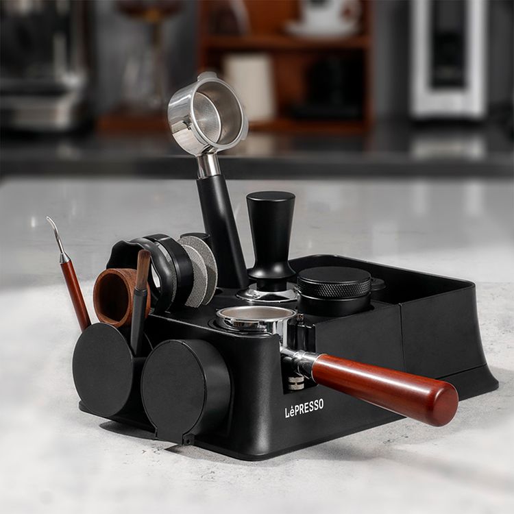 LePresso Tamping Station for 51/58 Portafilter Baskets, ABS Plastic & Silicone Material, Multi-Slot Base, Durable & Compact Design - Black