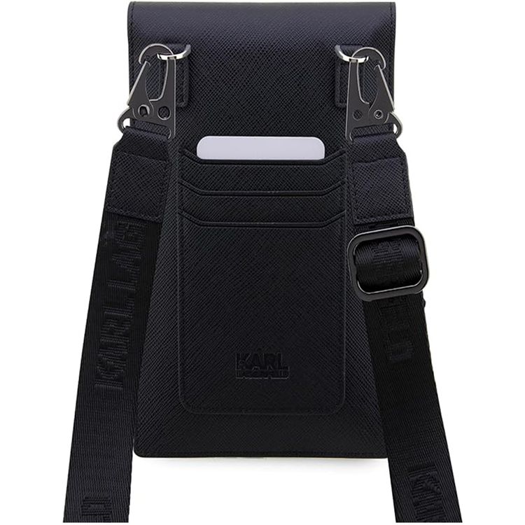 Karl Lagerfeld Saffiano Phone Pouch with K&C NFT Logo, Adjustable Shoulder Strap, Multiple Compartments, 3 Card Slots, Water Resistant - Black