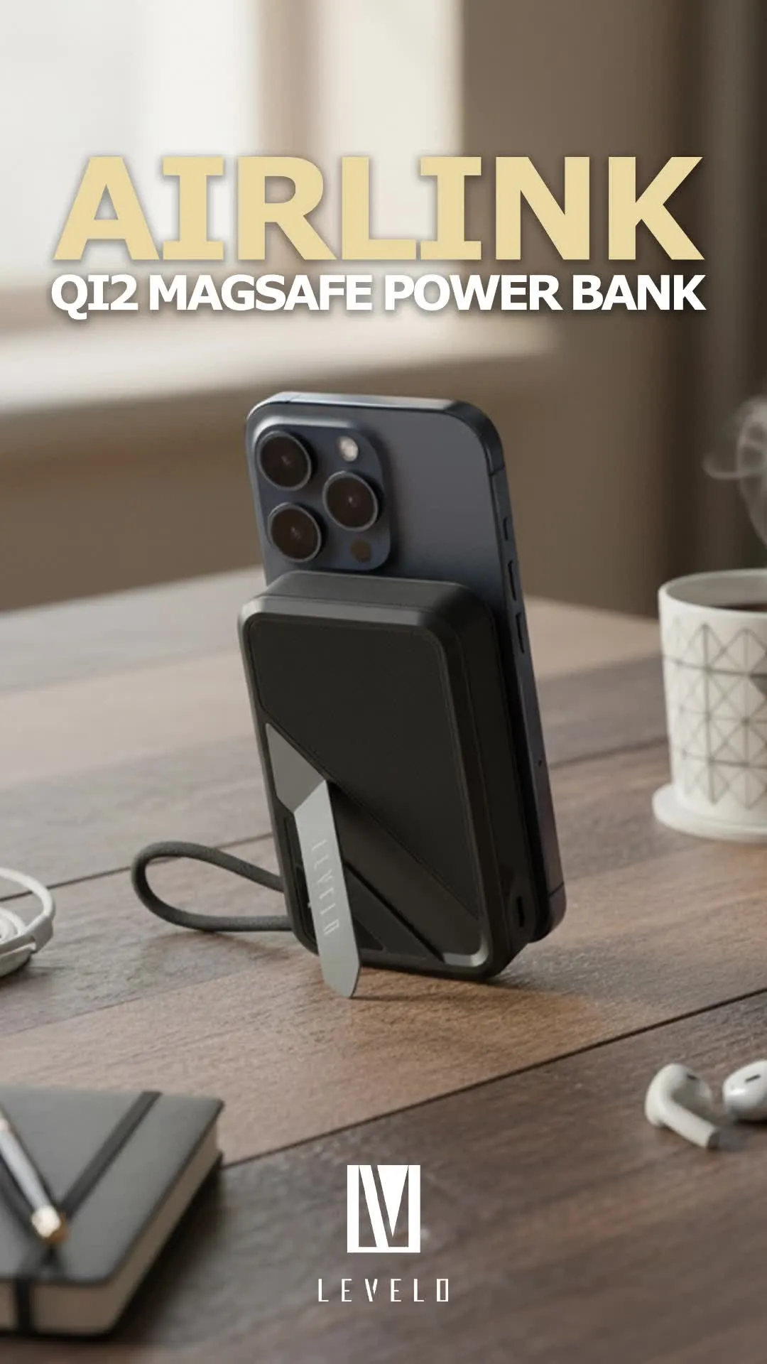 Levelo Air Link 10000mAh MagSafe Power Bank in UAE | Built-in Kickstand - Black Color | (LVL-AIRLINK-PB10K-BK)