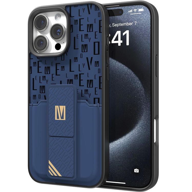 حافظة Levelo Morphix Gripstand مع حامل بطاقات لهاتف iPhone 16 Pro، حامل بطاقات مدمج، زوايا مقاومة للصدمات، ملمس نحيف بدون غطاء، حافة كاميرا مرتفعة، مادة فائقة المتانة - أزرق