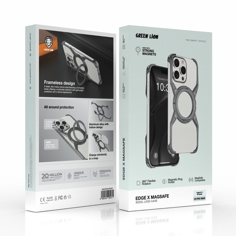 Green Lion Edge X MagSafe Bezel Less Case for iPhone 16 Pro Max, 360° Rotation, Raised Edges, Frameless, Kick Stand Design - Gray