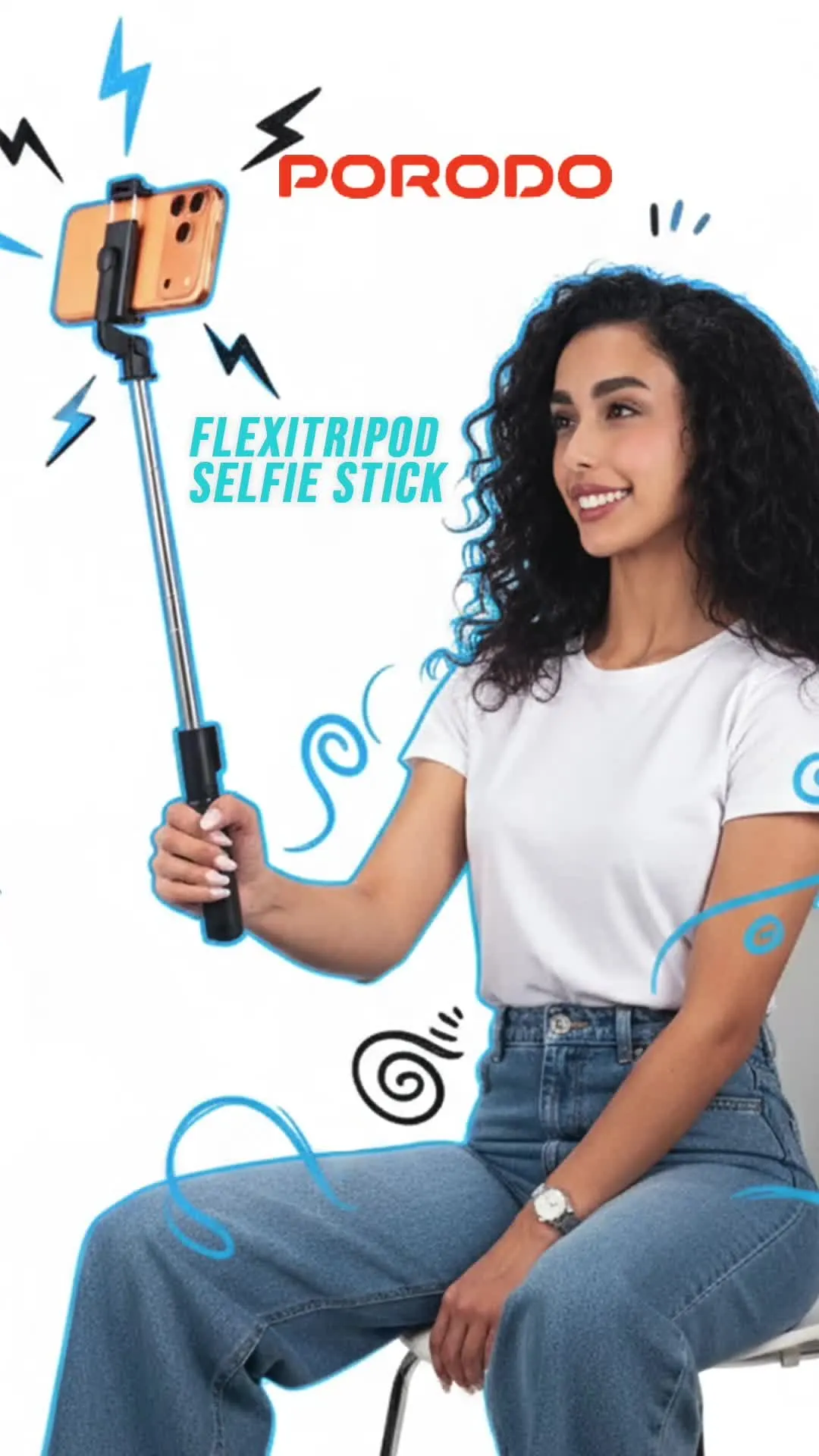 Porodo Blue FlexiTripod Selfie Stick with Foldable Tripod, Wireless Remote Shutter, 360° Rotation, 4.0 Bluetooth Version, 10m Wireless Range, Stainless Steel Material - Black