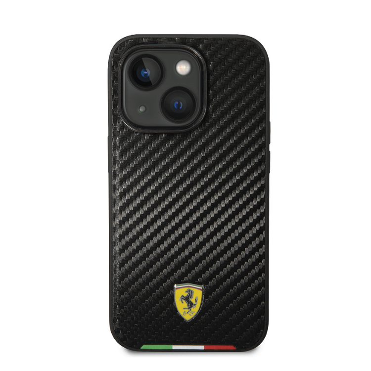 Ferrari HC PU Carbon Effect Case with Italian Flag Line iPhone 14 Compatibility - Black