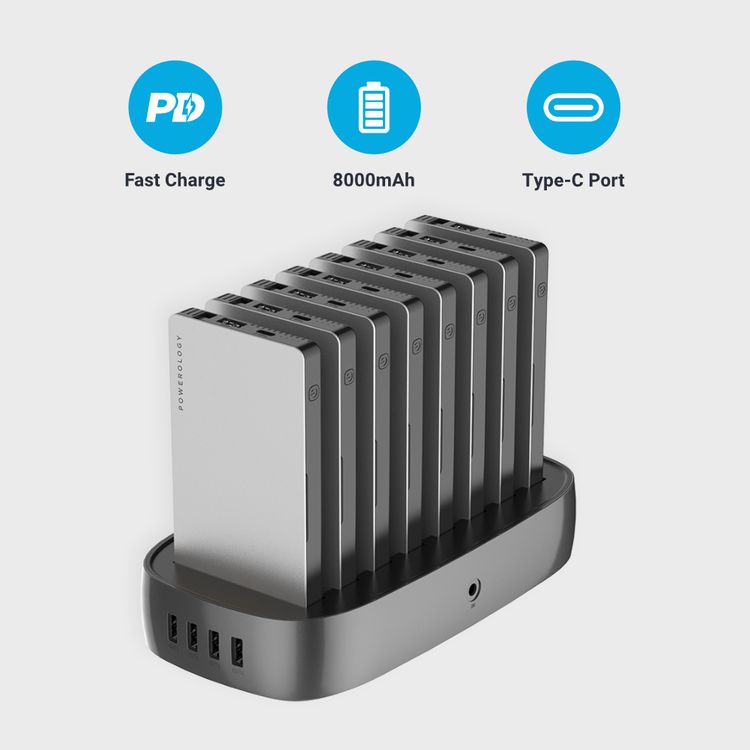 Powerology 8-in-1 Power Bank Station 8000mAh With Built-in Cable, Portable Power Bank and 1 Rapid Recharging Station Compatible iPhone Devices, Type C Charging Ports - Silver