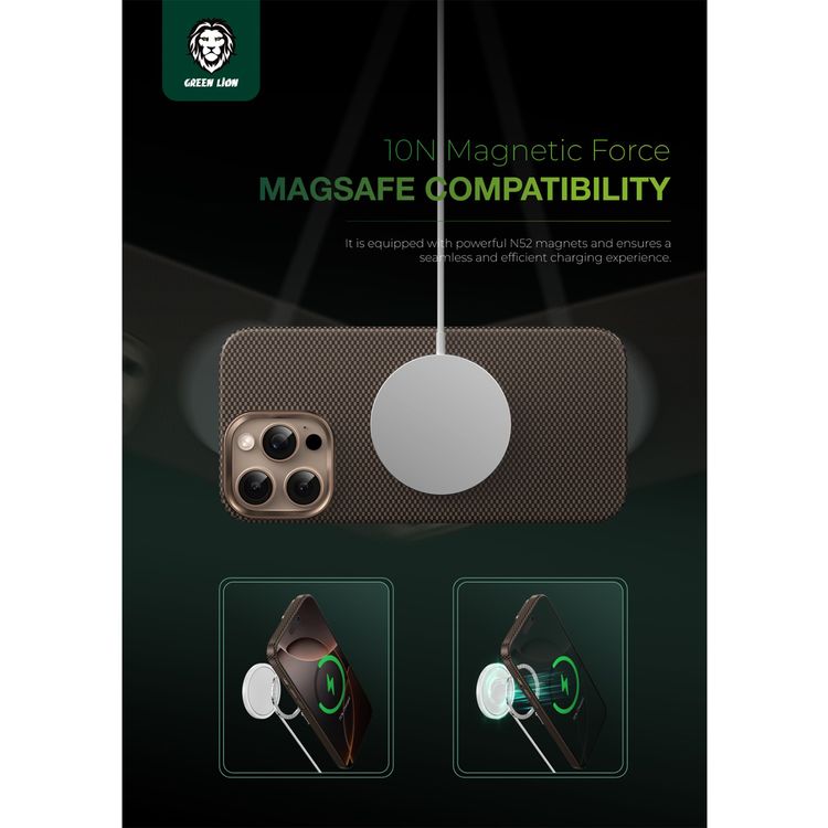 Green Lion Magsafe Kevlar Case for iPhone 16 Pro, Drop Protection, Comfortable Grip, Military Grade Defense, Ultra Slim & Lightweight - Black / Gold