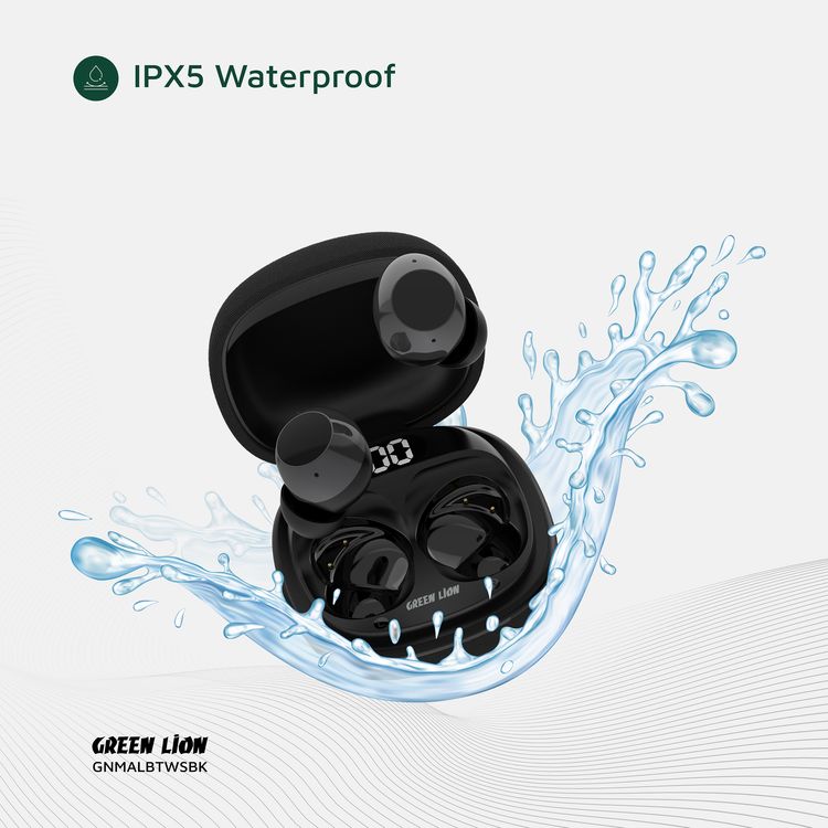 سماعات الأذن اللاسلكية الحقيقية جرين ليون مالبون مع ENC، ميكروفونات مزدوجة، منفذ شحن Type-C، إصدار بلوتوث 5.4. مدى بلوتوث 10 متر، بطارية حقيبة بسعة 300 مللي أمبير، وقت شحن ساعتين، وقت استعداد 21 ساعة، عرض حالة البطارية - باللون الأسود.