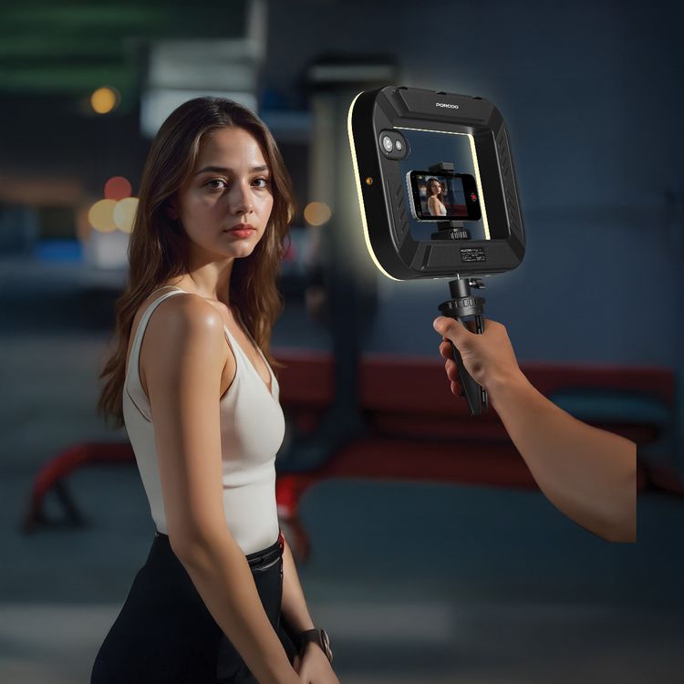 Porodo Handheld Ring Grip with Desktop Support & Phone Clamp, 1 Hour Working Time, 1500mAh Battery, 20W Rated Power, Bluetooth Controller, Camera & Phone Vlogging Light - Black