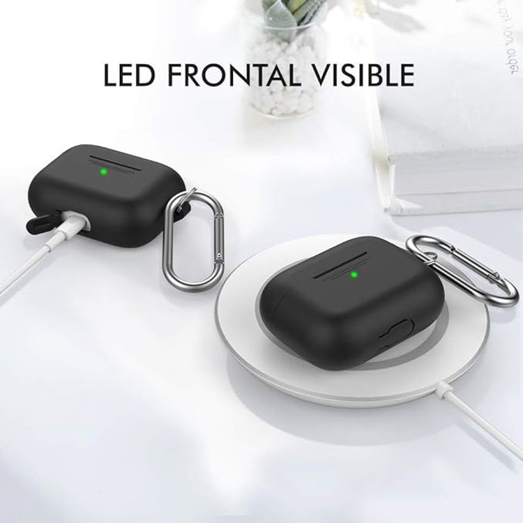 حافظة سيليكون فاخرة بتصميم ثلاثي الأبعاد من Ahastyle مع حلقة تثبيت متوافقة مع AirPods Pro - تصميم كلاسيكي مريح - غطاء مقاوم للغبار والصدمات يدعم الشحن اللاسلكي - أسود