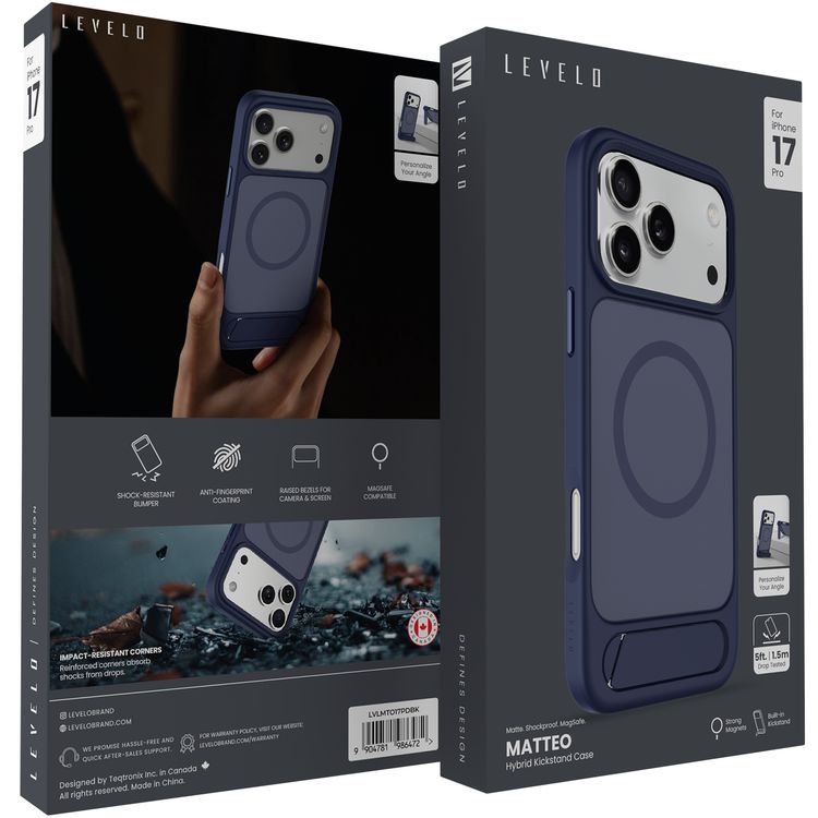 Levelo Matteo Hybrid Kickstand Case with Matte Design for iPhone 17 Pro, Anti-Fingerprint Coating, Impact-Resistant Corners, Raised Bezels for Camera & Screen, MagSafe Compatible, Shock-Resistant Bumper, Drop-Tested - Dark Blue