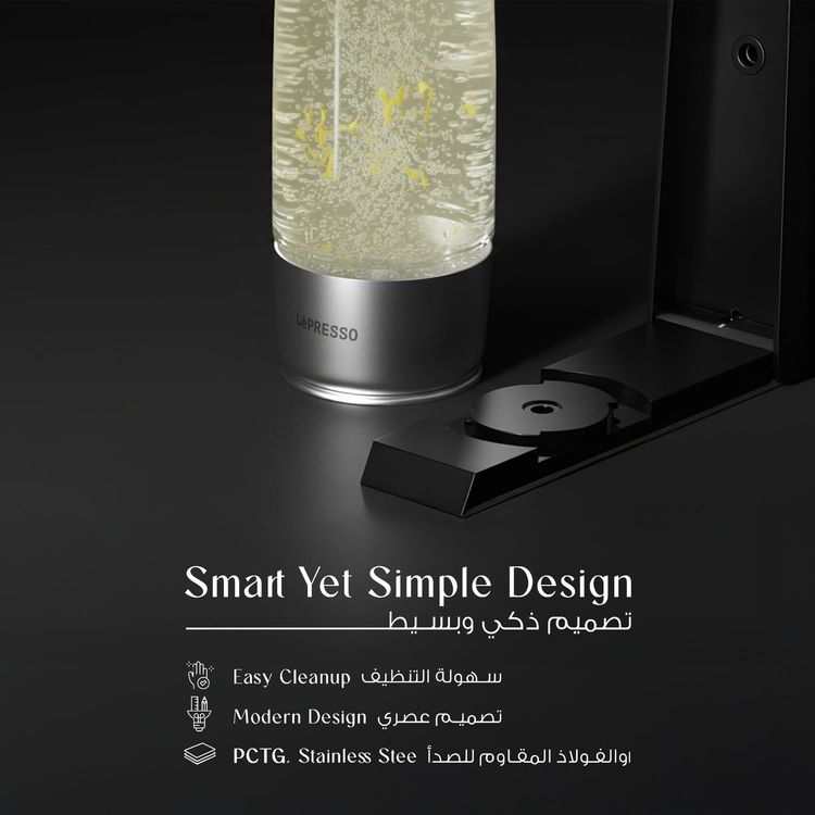 LePresso Carbonator Instant Sparkling Water with Efficient Carbonator, Pressure Release Safety Valves, Stand-Alone Operation, Gas Fills From Bottom, Portable & Compact, Patented & Durable Design - Black