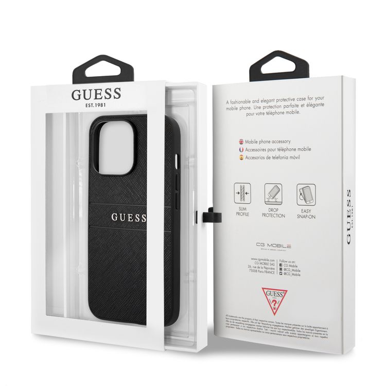 CG MOBILE Guess PU Leather Case Saffiano with Metal Logo Hot Stamp Stripes Compatible for iPhone 13 Pro (6.1") Anti-Scratch, Easy Access to All Ports