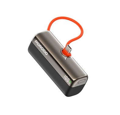 Porodo Pocket Volt 5000mAh Power Bank with Built-in Type-C Connector, 22.5W Power Delivery, Fast Charging Support, Compact Design, 15W Total Output - Black