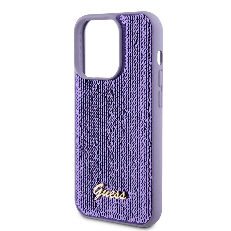 Guess Sequin Script Case with Guess Metal Logo - Purple - iPhone 15 Pro