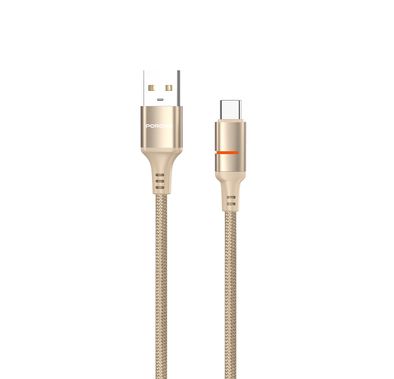 كابل ضوء LED من Porodo USB-A إلى USB-C مع تيار 2.4A، سرعة نقل 480 ميجابت في الثانية، طول الكابل 1.2 متر، شحن سريع ونقل بيانات، سلك مضفر - ذهبي