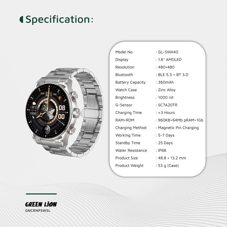Green Lion Chrono Pro Smart Watch, Full-View Touch Display, Voice Recording, Call & Social Notifications, Rotary Encoder Button - Silver
