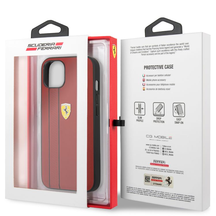CG MOBILE Ferrari Genuine Leather Hard Case with Debossed Stripes Compatible for iPhone 13 (6.1") Shock & Scratches Resistant, Easy Access to All Ports