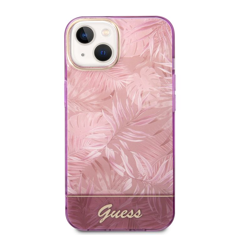 Guess PC/TPU IML Case with Double Layer Electroplated Camera Outline & Jungle Design iPhone 14 Compatibility - Pink