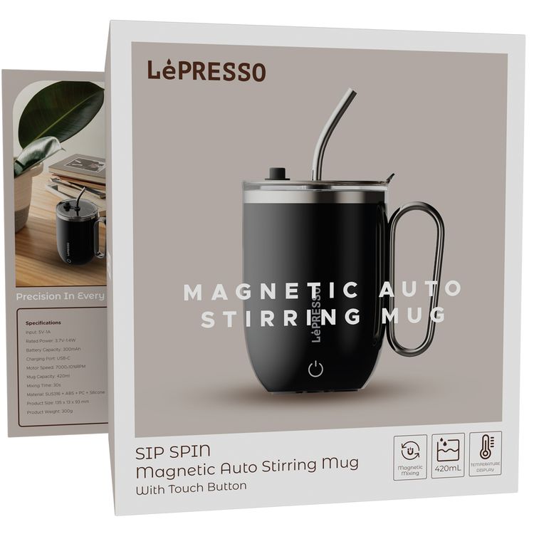 LePresso Sip Spin Magnetic Auto-Stirring Mug with Touch Button, 420mL Capacity, 300mAh Battery, 30s Mixing Time, USB-C Charging Port, Leak-proof Lid, Thermal Insulation, Durable & Easy-to-Clean Design - Black