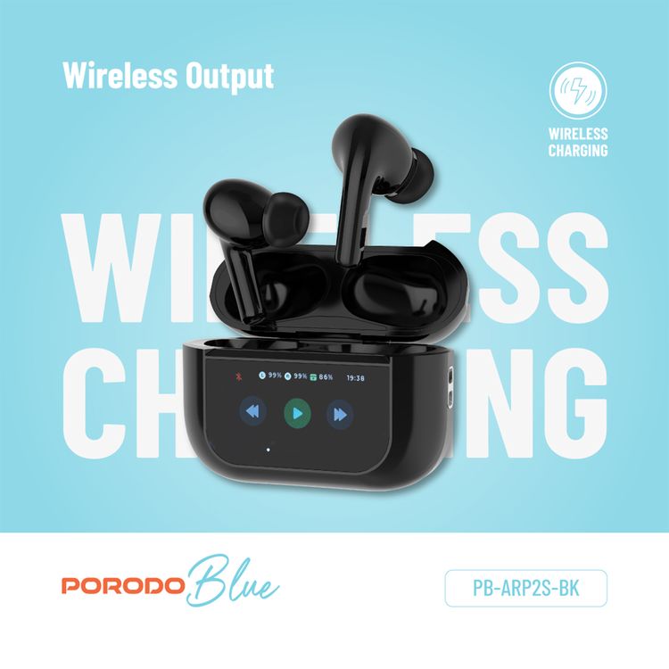 Porodo Blue AirPods Pro2 with Screen, Deep Bass, Touch Control, Camera Shutter, Music Playback, Call Management, 20 Hours Working Time, 1.47 inches Screen size - Black