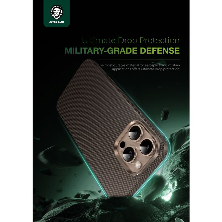 Green Lion Magsafe Kevlar Case for iPhone 16 Pro, Drop Protection, Comfortable Grip, Military Grade Defense, Ultra Slim & Lightweight - Black / Gold