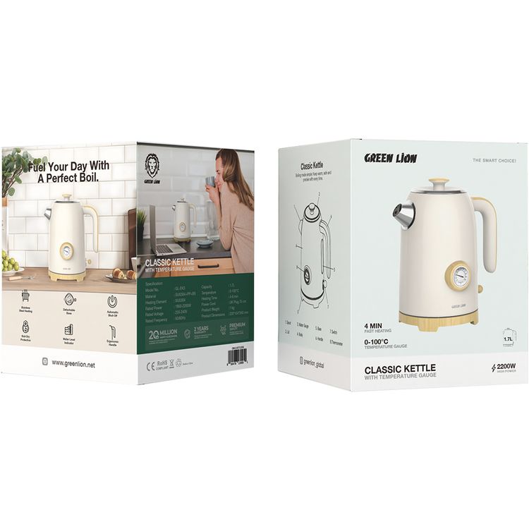 Green Lion Classic Kettle with 1.7L Capacity, 4-6 Minutes Heating Time, 2200W Power, Boil-Dry Protection, Detachable Base, Water Level Indicator - Beige
