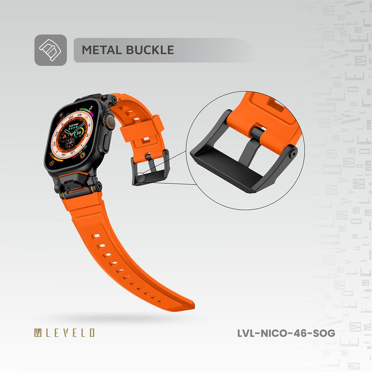 Levelo Nico Watch Strap for Apple Watch 49/46mm with Metal Buckle Closure, Compatible with SE Series 9, 8, 7, 6, 5, Silicone & Stainless Steel Finish, Lightweight & Flexible Fit, Sweat-Resistant & Water-Resistant, Hypoallergenic Material, Extended Band Interaction - Sunset Orange
