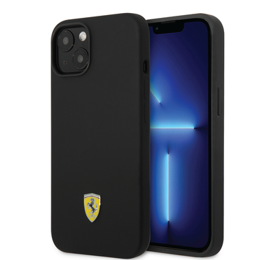 Ferrari Liquid Silicone Case with Black Camera Outline & Metal Logo iPhone 14 Compatibility - Black